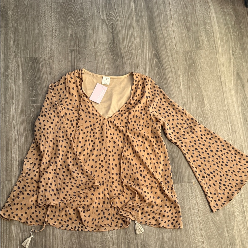 By Together Tan and Black Polka Dot Bell Sleeve Blouse